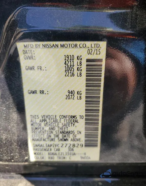 2015 Nissan Altima 2.5 z USA, uszkodzony, nr VIN 1N4AL3AP2FC272829